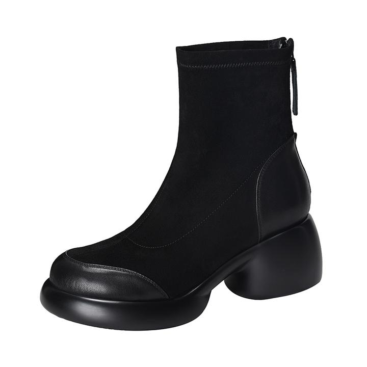 鞋子女士瘦瘦靴女2025年新款粗跟短靴拼接真皮高跟厚底弹力靴