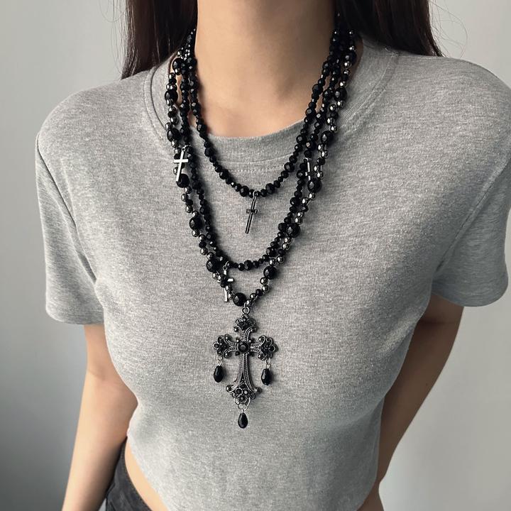合金项链 X4909-1欧美潮流精致百搭黑色珠珠双层十字架项链高级感