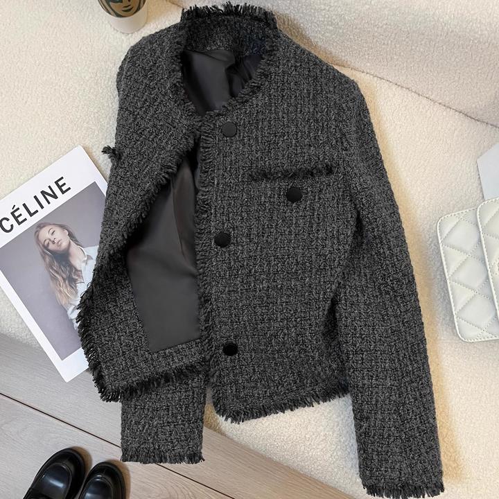 秋冬深灰色复古小香风西装外套女轻奢秋季粗花呢气质短款名媛上衣