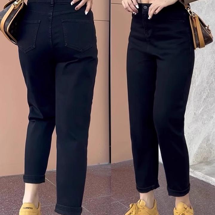 黑色加绒加厚哈伦牛仔裤女秋冬大码高腰宽松显瘦九分老爹萝卜裤子