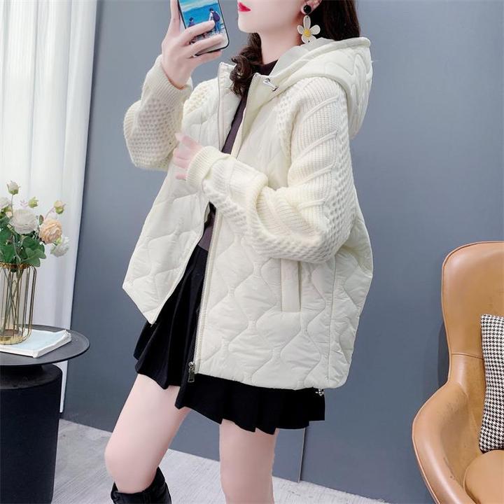 设计感短款毛衣拼接棉衣外套女秋冬2024新款宽松加厚保暖棉服上衣