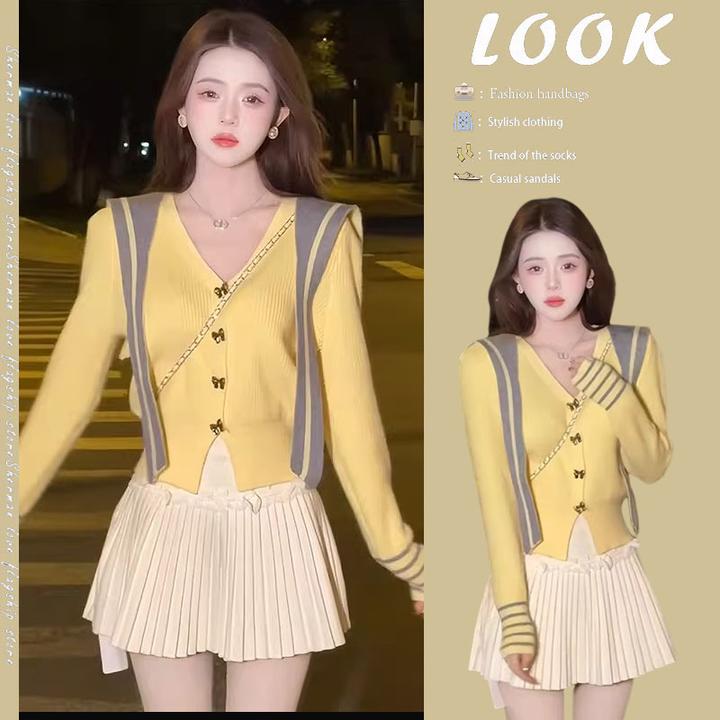 秋冬一整套女装2024新款韩系海军领针织毛衣高腰百褶半身裙两件套