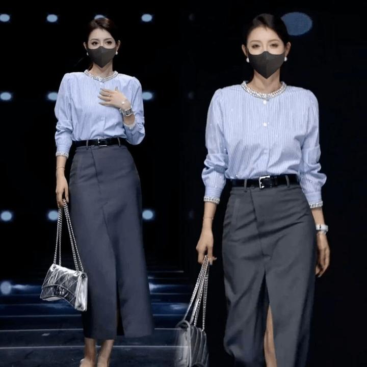 2024早秋新款女装穿搭盐系轻熟时尚小香风蓝色条纹衬衫两件套装裙