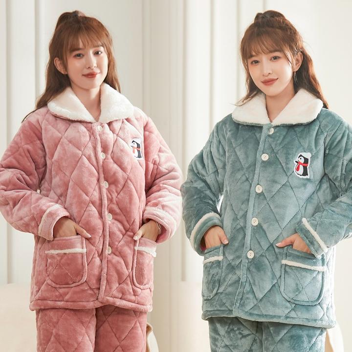 冬季女士法兰绒睡衣套装夹棉加厚保暖珊瑚绒睡衣中老年家居服女