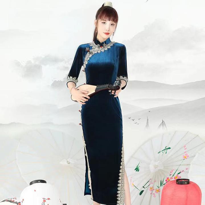 甄选家-风情-丝绒旗袍黑色复古修身中国风金丝优雅春秋显瘦中长款