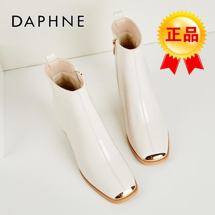 达芙妮真皮白色短靴女2025冬季加绒高跟方头瘦瘦靴粗跟时尚马丁靴