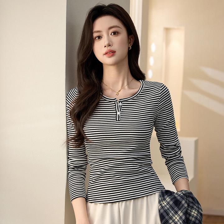 #甄选好品#多巴胺衣橱310|棉长袖t恤女条纹上衣2025秋新款打底衫