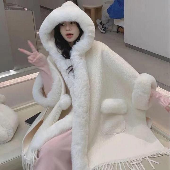 宽松时尚百搭加绒加厚披肩斗篷外搭呢外套大衣2024秋冬保暖外套女