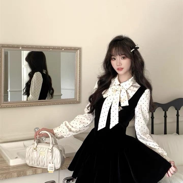 越韩小鱼 丝绒黑巧 法式连衣裙富家千金高级感春季波点假两件裙子