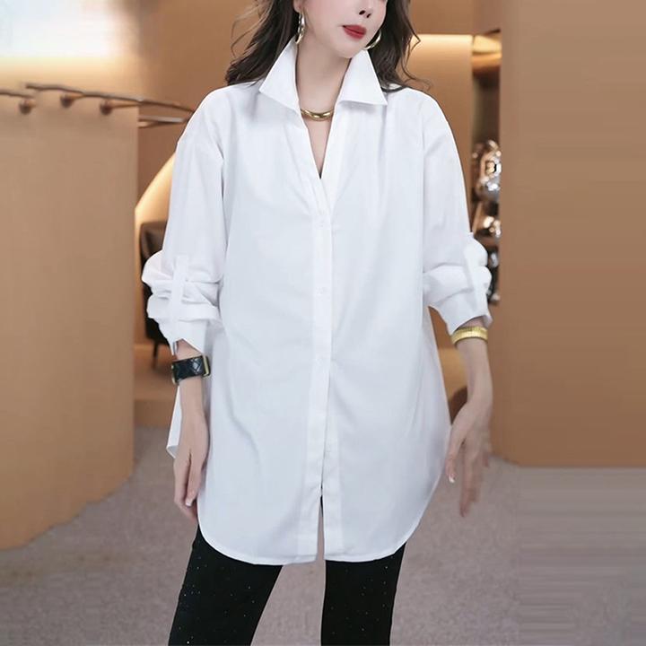 衬衫女早春新款时尚女装韩版气质简约polo领衬衣宽松显瘦白色上衣