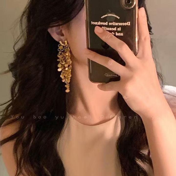 黄铜陶瓷耳饰 亮片长款流苏耳环夸张小众设计轻奢高级感时尚耳饰