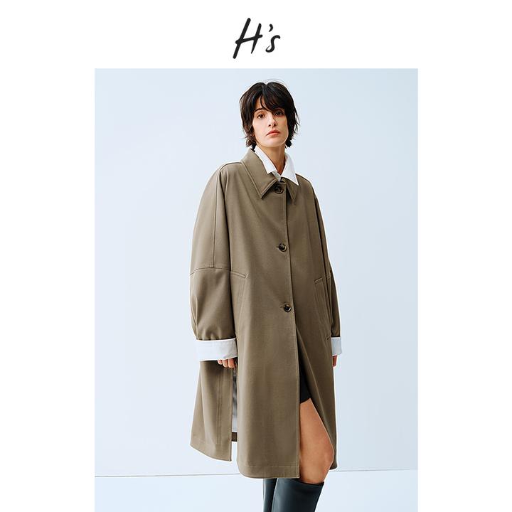 HS卡其色风衣女25年春季质感长款单排扣大衣外套