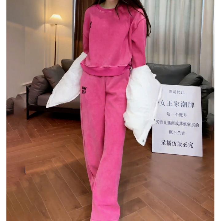 粉色时尚两件套休闲套装早秋炸街运动套装WA刺绣玫红色运动套装女