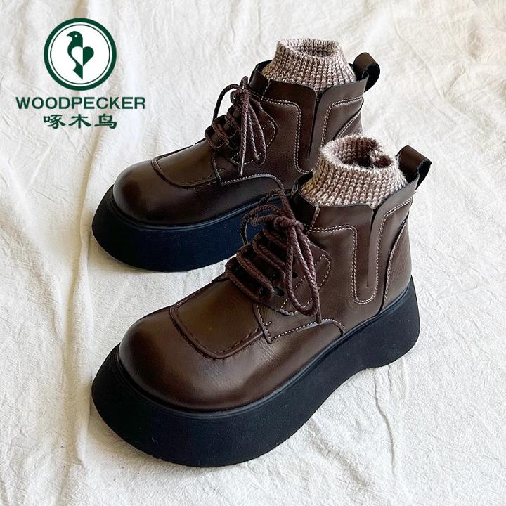 啄木鸟马丁靴女款2024年秋冬新款圆头森系复古英伦风短靴带袜棉鞋