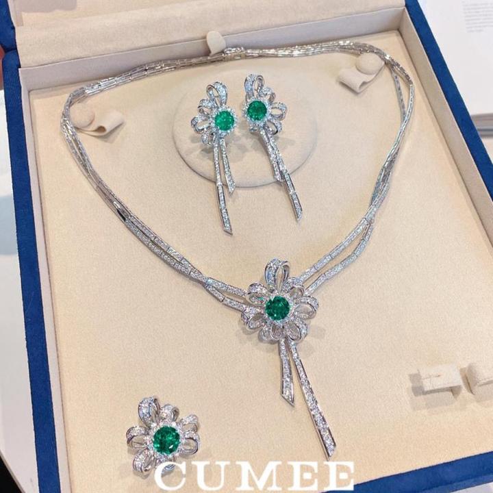 925银银制品 经典贵气晚宴合成祖母绿戒指耳坠项链.银镀金