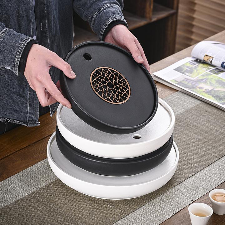 中式简约陶瓷圆形茶盘复古轻奢磨砂蓄水小型干泡台可移动茶台托盘