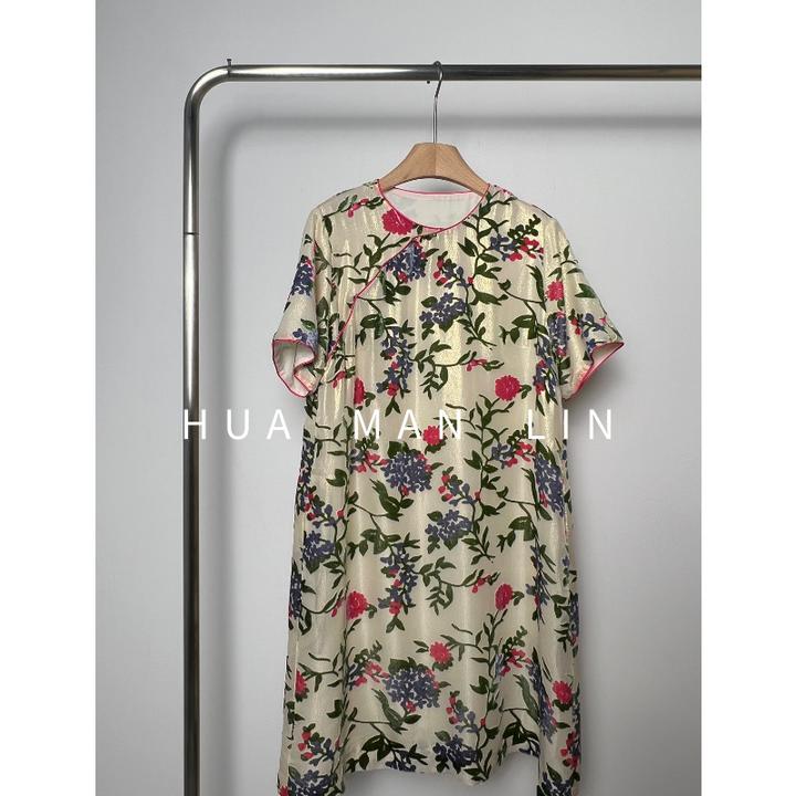 花滿林圆领斜门襟撞色定制烧花里衬双绉真丝桑蚕丝连衣裙8537