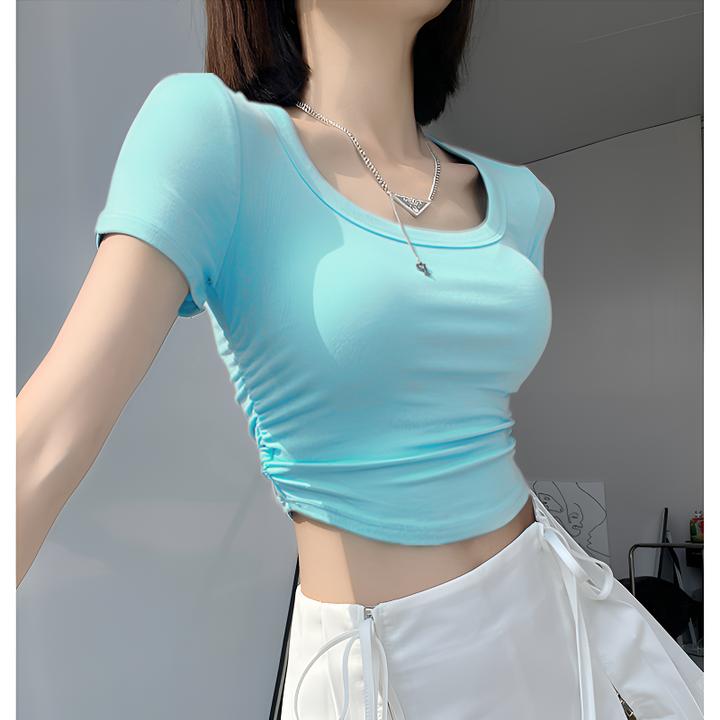 多巴胺小款正肩u领短袖t恤女新款夏修身显瘦弹力小众露脐健身上衣