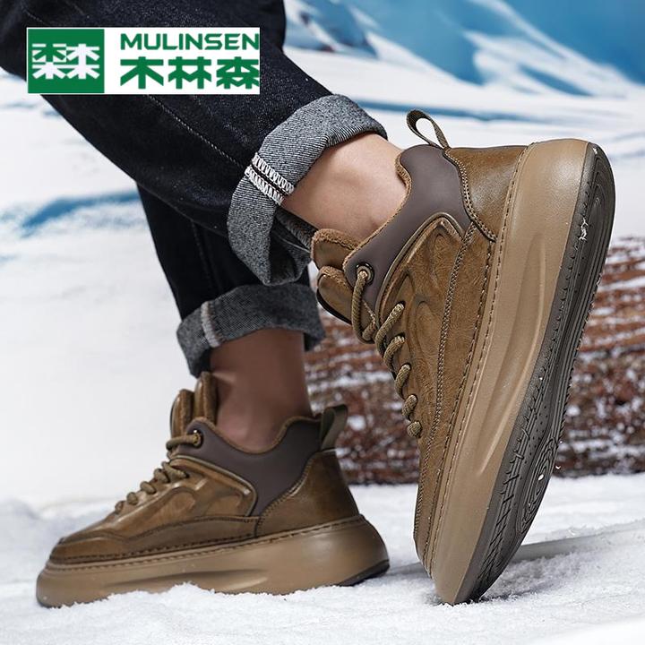 木林森品牌秋冬季高帮鞋二棉鞋男款2024新款厚底皮面加绒板鞋复古