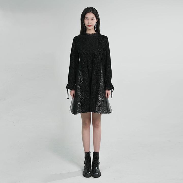 S·DEER圣迪奥女装秋冬重工高级感长袖黑色收腰连衣裙S234Z12C6