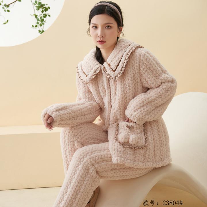 韩琦路加厚秋冬三层夹棉女士睡衣甜美少女公主风学生珊瑚绒家居服