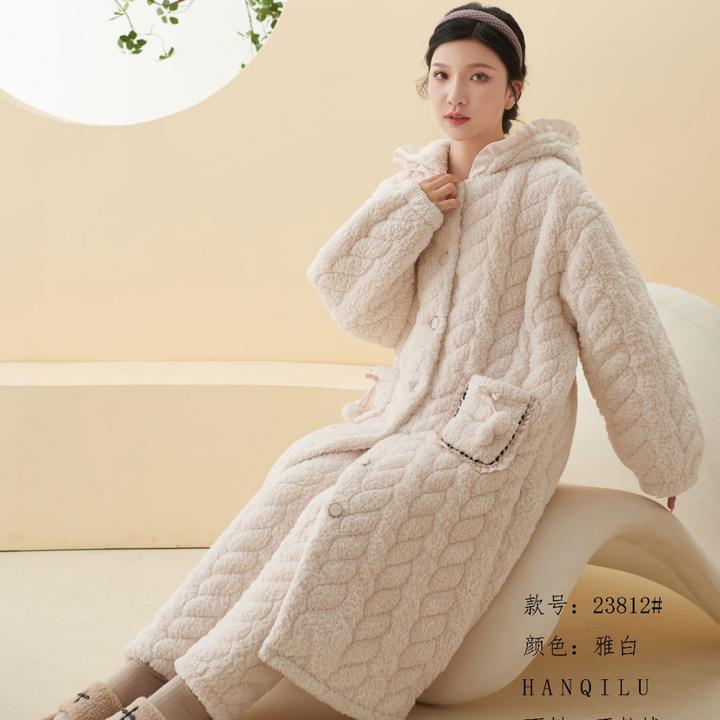 韩琦路长款三层夹棉女士加厚加绒睡衣甜美珊瑚绒气质秋冬款家居服