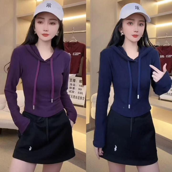 欧货简约连帽卫衣女秋季新款修身显瘦外套百搭小个子短款上衣