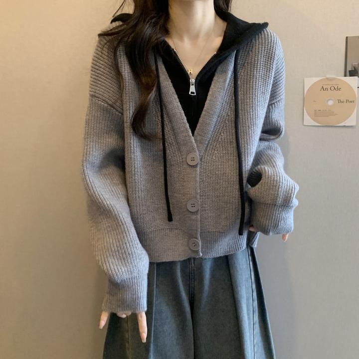 今年流行短款连帽毛衣外套女秋冬大码胖mm假两件针织开衫上衣2336