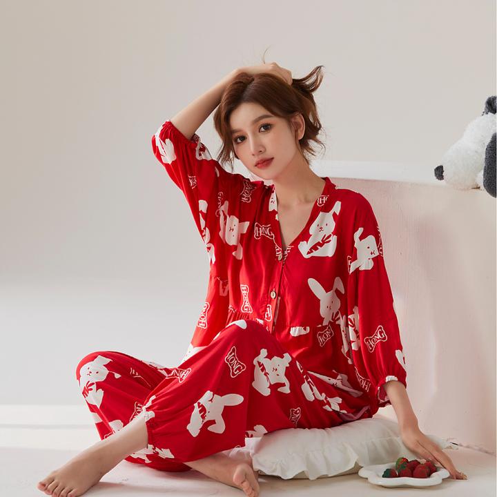 2025春夏季红色新款女士宽松空调服家居服薄款大码透气开衫款套装