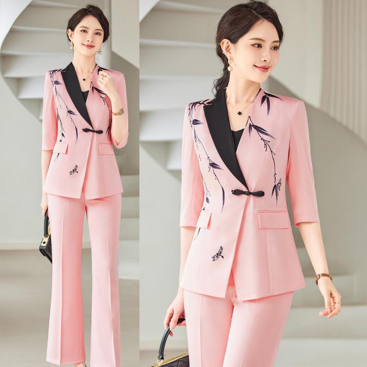 粉色西装套装女新中式国风时尚印花高级感气质女神范阔腿裤两件套