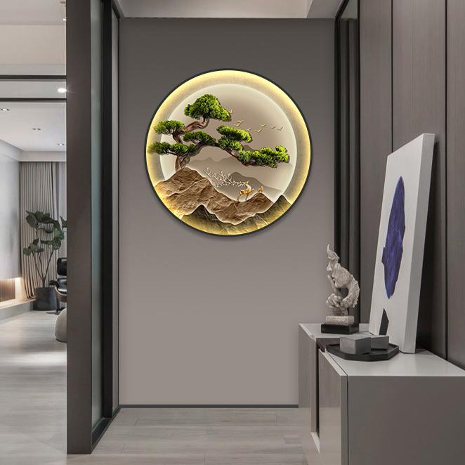 【高质】轻奢简约圆形装饰画新中式玄关茶室挂画led发光灯光画装饰