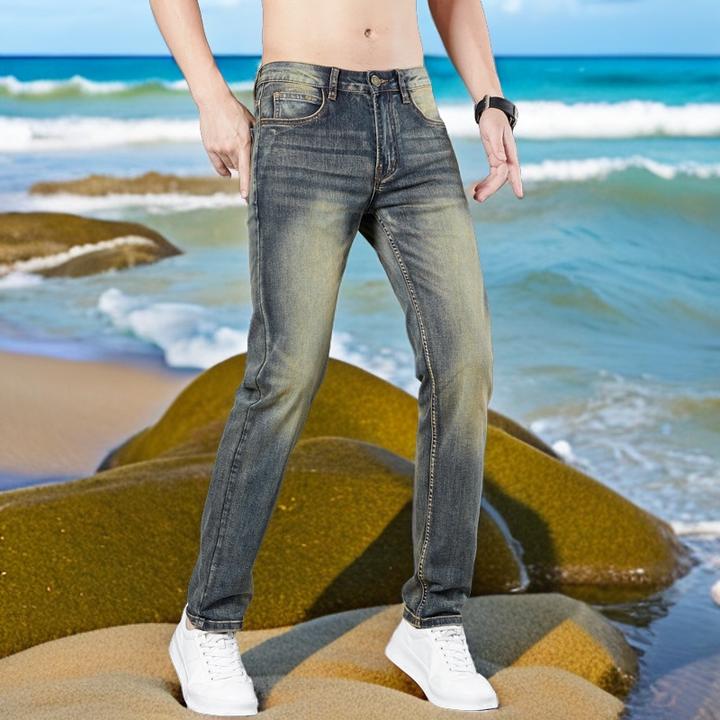 男款牛仔裤男士弹力宽松直筒裤夏季新款男装男生怀旧牛仔长裤薄款