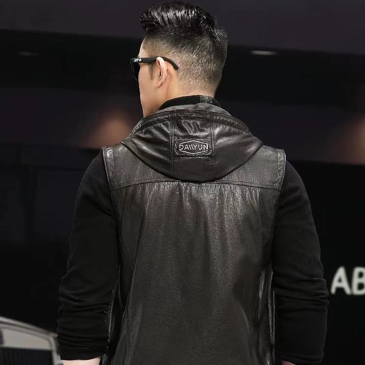 海宁男士真皮多口袋休闲工装连帽复古时尚百搭钓鱼真皮男士皮衣