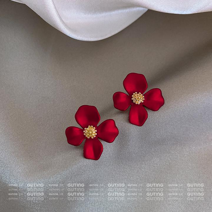 铜合金耳饰 6935（真心白）新中式酒红山茶花耳环高级手工红色耳饰