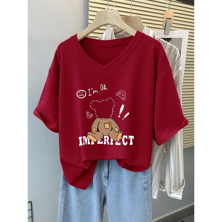 2024新款夏季短袖t恤女宽松纯棉大码小熊半袖体恤遮肚V领上衣藏肉