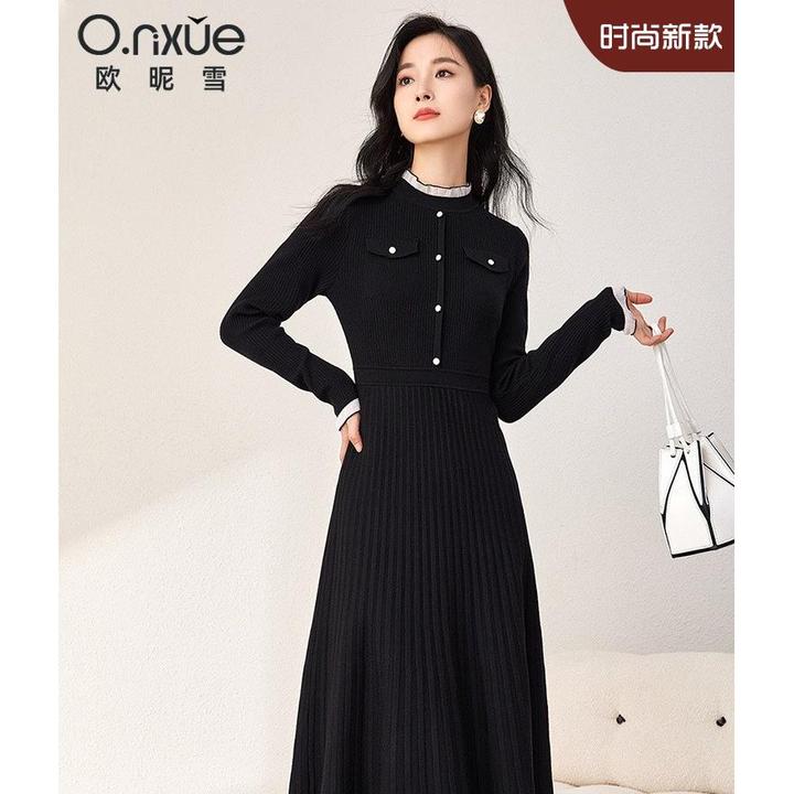 欧昵雪2024冬季新品法式欧根纱拼接立领连衣裙女长袖中长款A字裙