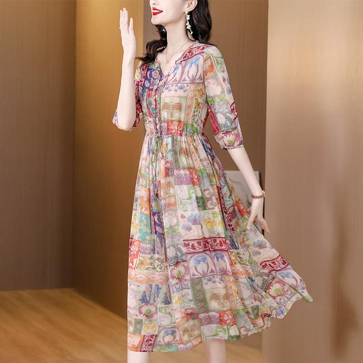 yys8926中袖连衣裙女2025夏季新款时尚优雅气质复古减龄碎花裙子