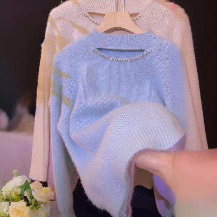 软糯温柔风钉钻亮丝毛衣女小心机设计感镂空半高领气质针织上衣