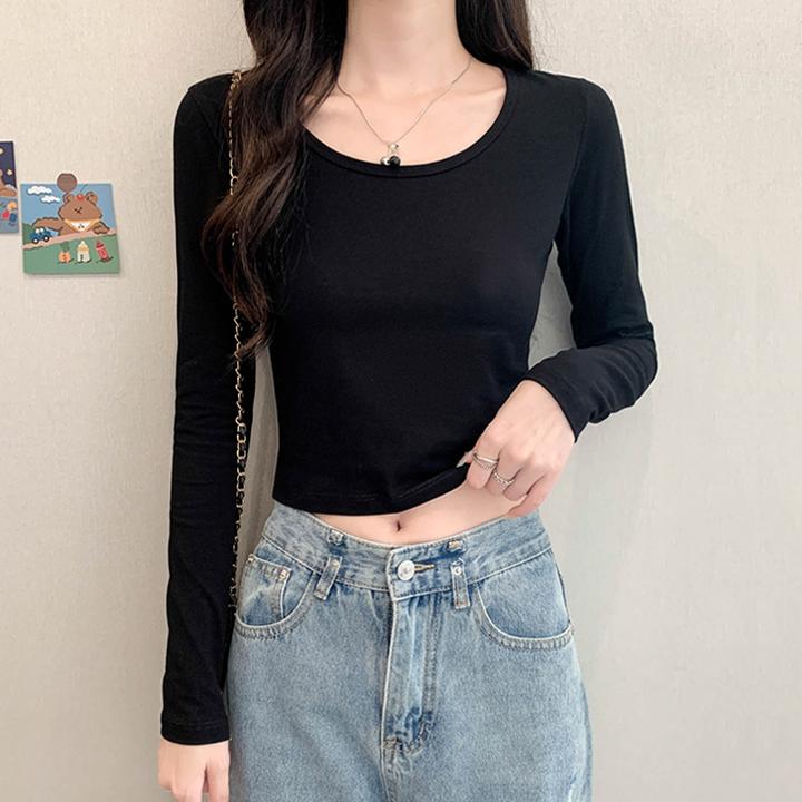 短款上衣女黑色t恤修身辣妹长袖秋季新款高腰露脐网红打底衫内搭U