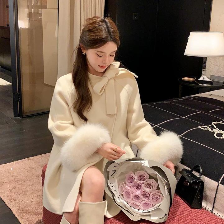 杨小卷 法式千金风仿真狐狸毛宽松夹棉毛呢外套女冬季斗篷大衣