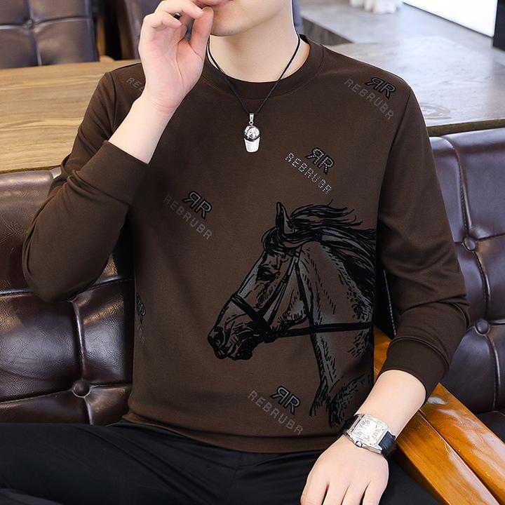2024秋季烫钻战马男士时尚圆领卫衣青年商务休闲宽松打底长袖T恤
