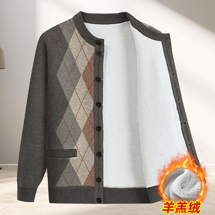冬季羊羔绒针织开衫毛衣加绒加厚保暖卫衣爷爷爸爸男士装外套