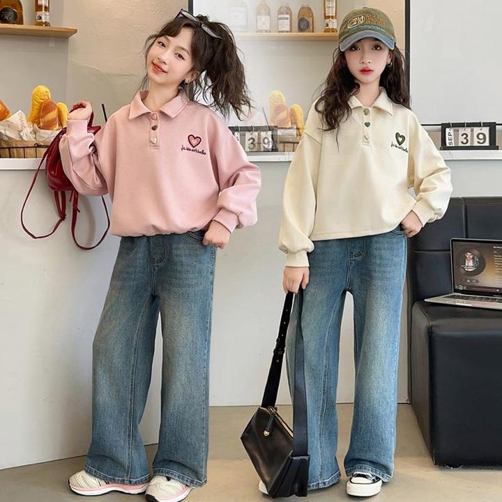 女童卫衣牛仔裤套装秋季2024新款儿童衣服女孩大童秋装长袖polo衫