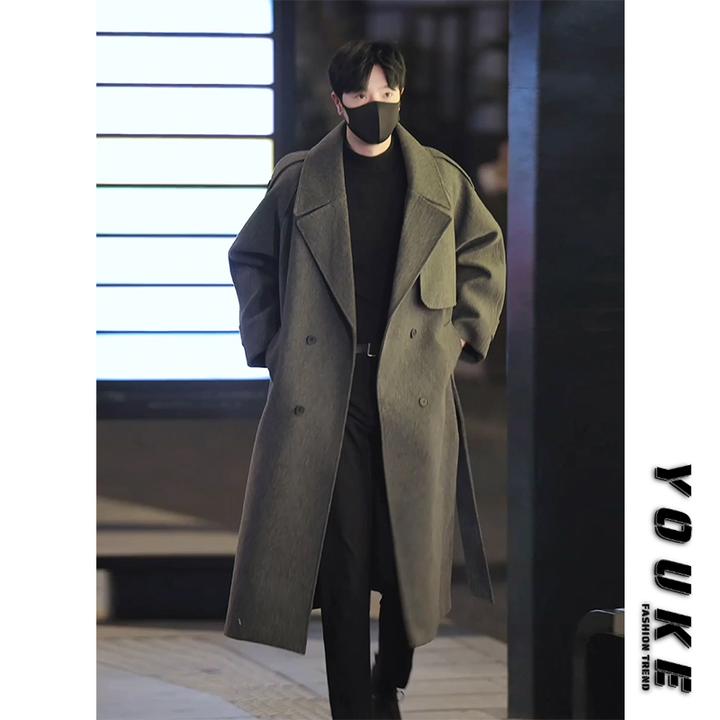 韩系中长款毛呢大衣男秋冬季新款过膝宽松呢子外套潮流高级感风衣