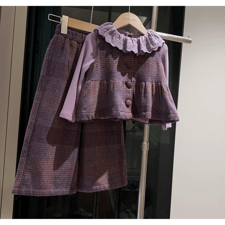 女童秋装套装2024最新款格子马甲阔腿裤三件套洋气儿童秋冬款童装