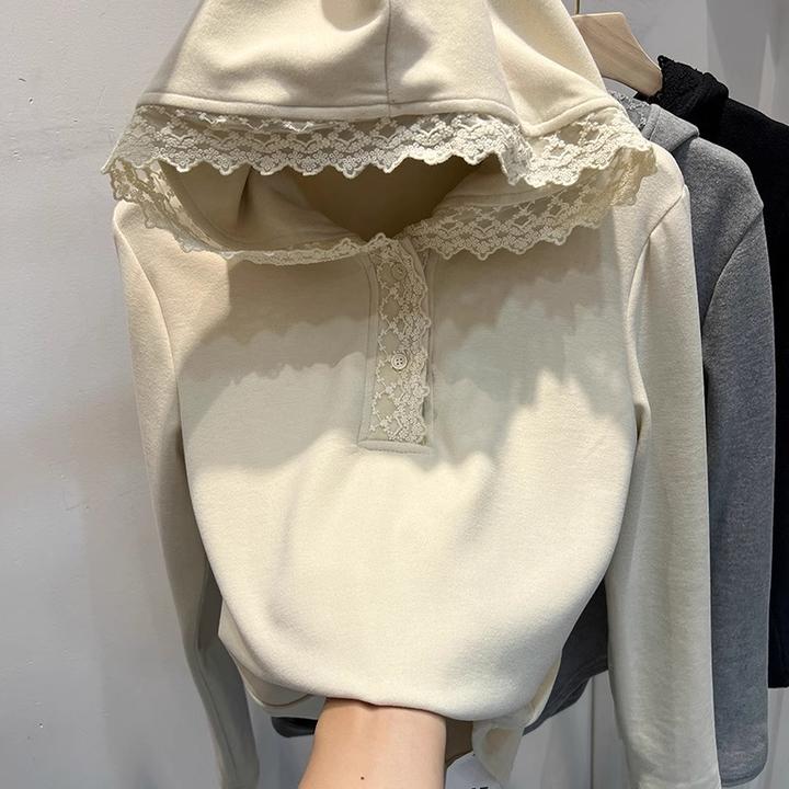 【原版做工】设计感蕾丝花边拼接连帽卫衣女2024年秋冬打底帽衫上