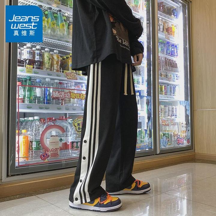 美式排扣休闲裤男春秋季潮牌宽松条纹运动长裤青少年百搭直筒裤子