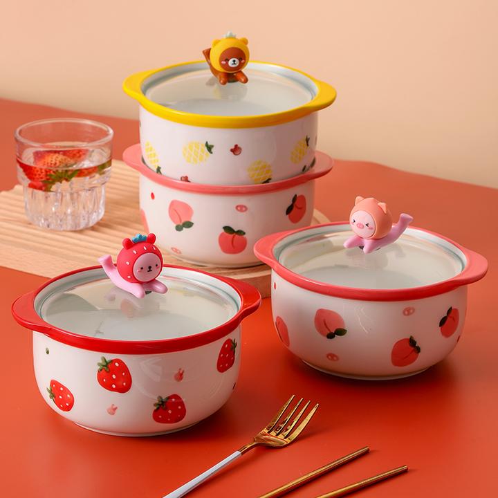 水果卡通陶瓷带手机支架盖子家用泡面碗带盖双耳方便面碗宿舍学生