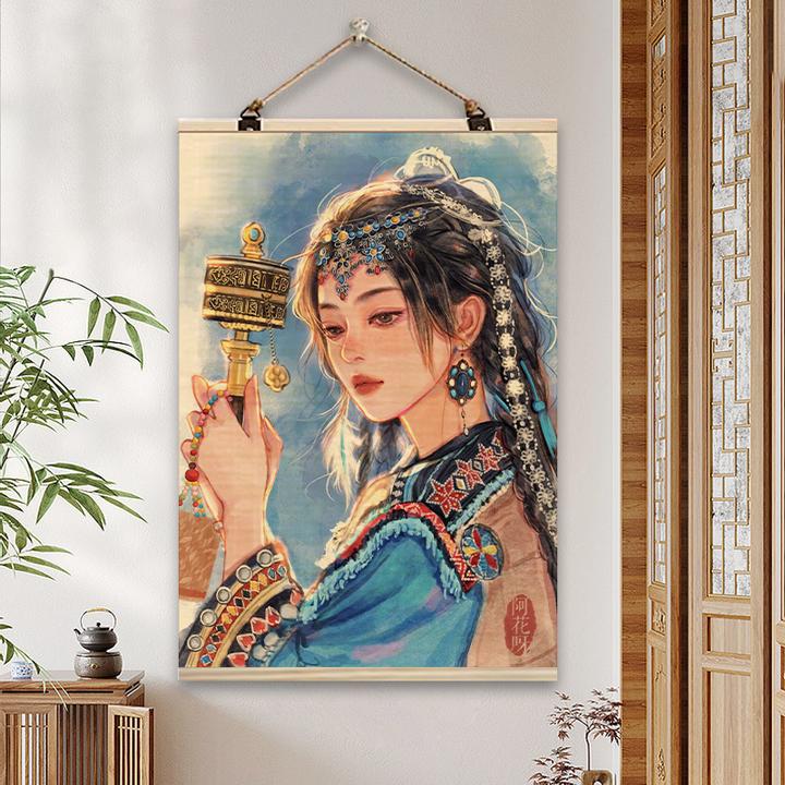 藏女新中式字画竹帘字画挂画客厅玄关过道沙发背景墙天官赐福挂画