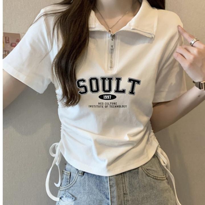 正肩显瘦韩版百搭短款上衣拉链抽绳短袖T恤胖妹妹大码女装POLO领